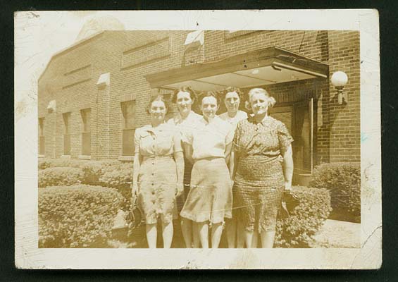 Employees Martha Leffingwell, Bea Briggs, Mary West, Jessie Robins & Gertrude Buroker, standing outside Farnsworth Radio and Television Plant, ca. 1941