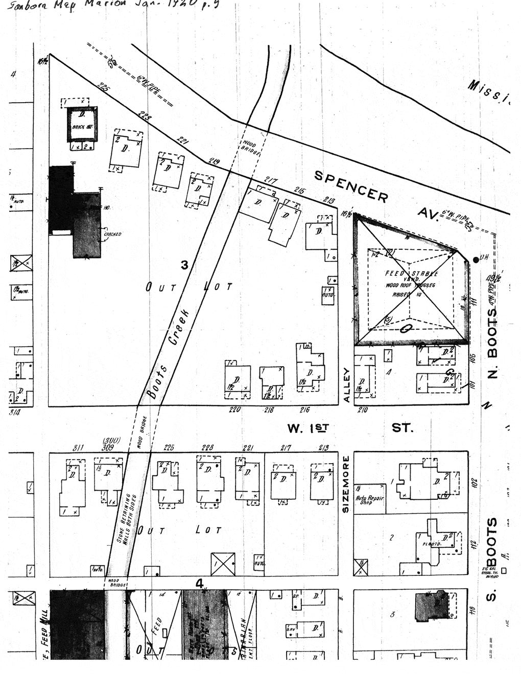 The 1920 Sanborn Map of Marion, showing the house at 225 Spencer in the upper-left corner