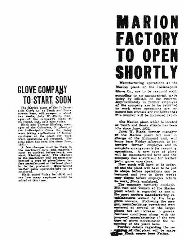 "Glove Company to Start Soon." Marion Chronicle Tribune 2 Feb. 1934, sec. Business: 1. "Marion Factory to Open Shortly." Marion Chronicle Tribune 31 Jan. 1934, sec. Business: 1.