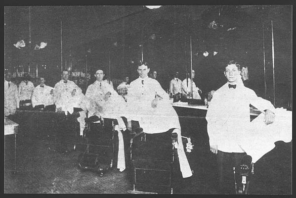 (1905) Interior of Barber shop on 2nd floor of the Spencer Hotel, corner of 4th & Adams St.