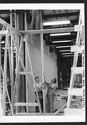 Carpenters working inside the Farnsworth building, remodeling it for RCA, ca. 1949.
