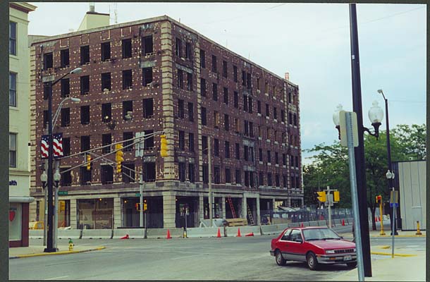 (1997) Exterior view of the Spencer Hotel. The hotel was remodeled into the new Grant County Building, later it was redone because of 'sick building syndrome'. This view shows the building being aired out and before the new exterior was applied.
