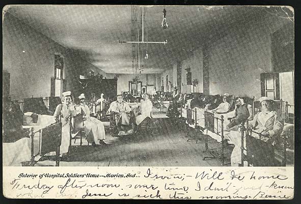 Nurses and patients inside the hospital at the Soldiers Home, July 11, 1907