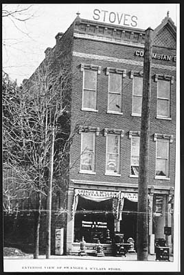 3-story brick building housing the Swanger & McClain Store, which sold stoves, tinware and plumbing supplies. (photo ca. 1892)