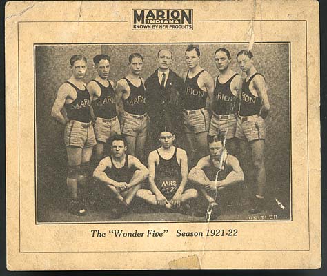 Card with The "Wonder Five" basketball team photo, Marion High School basketball team, 1921-22.