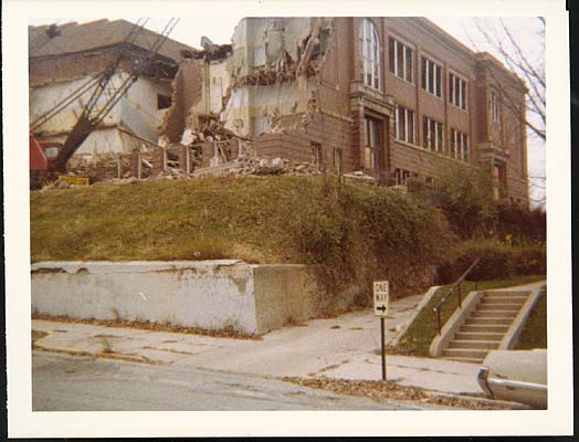 View from the side of the Marion High School at Nelson and 'A' Street during its demolition, 1976-77.
