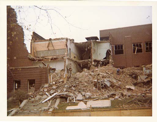 View of the demolition of Marion High School at Nelson and 'A' St., 1976-77.