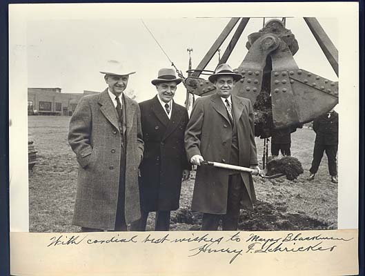 Groundbreaking for the RCA remodeling, March 3, 1949. Mayor Willard G. Blackman holds a shovel full of dirt, accompanied by Henry Schricker and L. W. Teegarden
