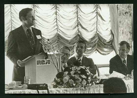 Senator Birch Bayh speaks at RCA\'s 25th anniversary in Marion. 1974